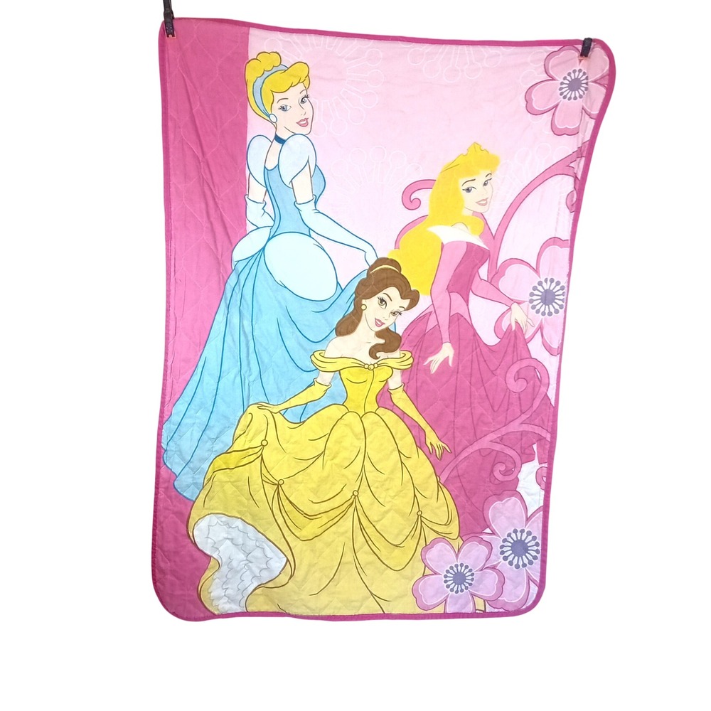 VTG Y2K Disney Princess Floral Quilt Blanket Aurora Cinderella Belle STAINs READ